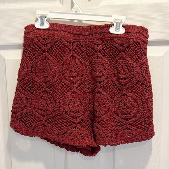 Zara Burgundy Maroon Crochet High Rise Shorts NWT LARGE Summer Elastic Pull On - Picture 5 of 14